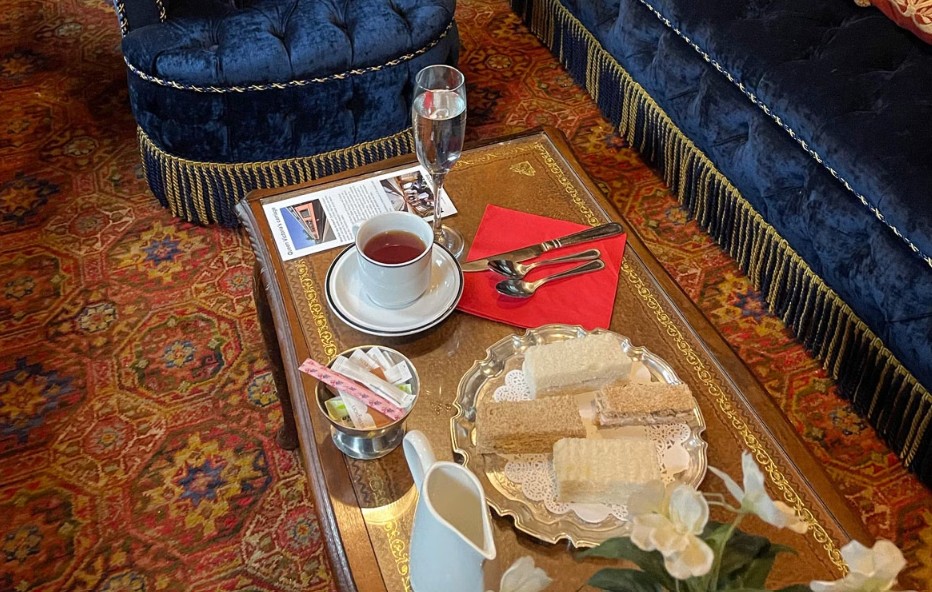 Afternoon tea on a train through the Yorkshire Dales between Embsay and Bolton Abbey.